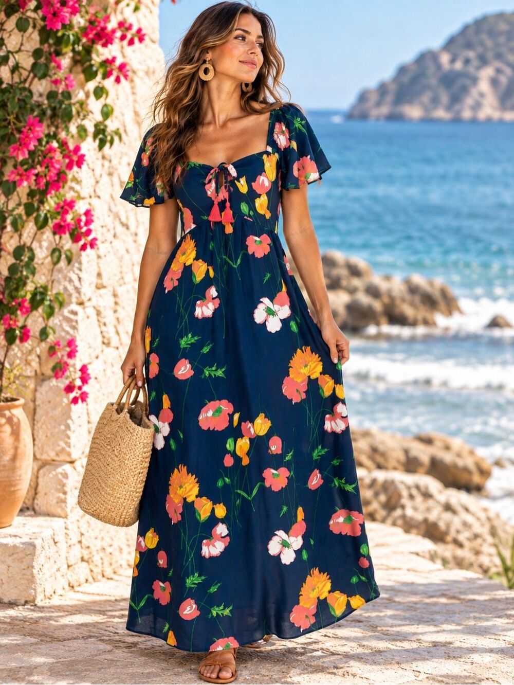La Plage Aloha Falling Floral Navy Maxi Dress Empire Waist Flutter Sleeve Size M